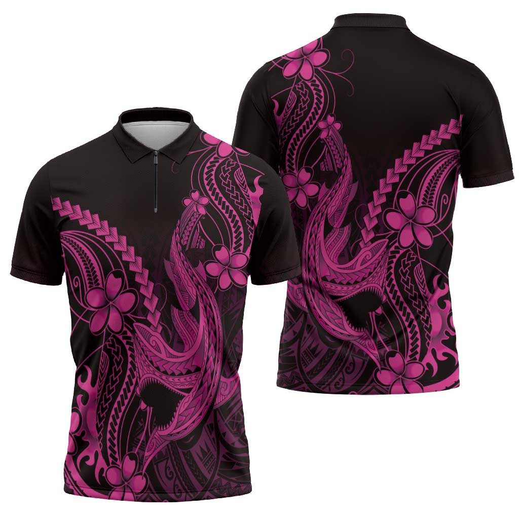 Pink Black Aloha Hawaii Zipper Polo Shirt Polynesian Shark Tattoo With Plumeria - Polynesian Pride