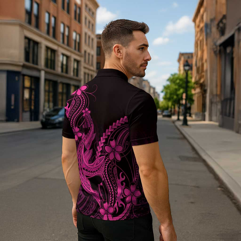Pink Black Aloha Hawaii Zipper Polo Shirt Polynesian Shark Tattoo With Plumeria - Polynesian Pride