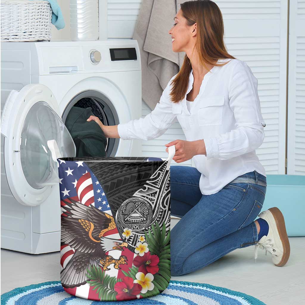 United States and American Samoa Laundry Basket USA Flag Eagle With Seal Tropical Flowers LT14 - Polynesian Pride