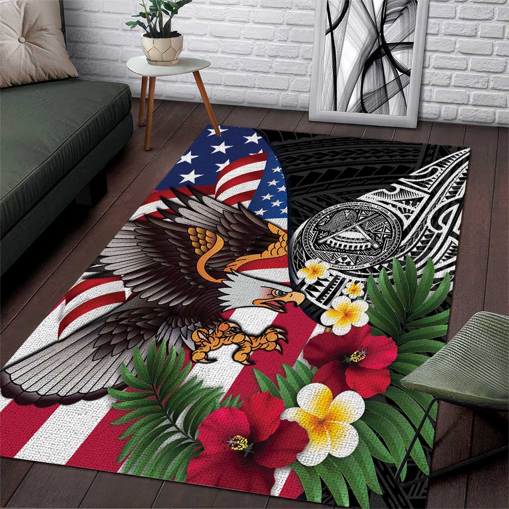 United States and American Samoa Area Rug USA Flag Eagle With Seal Tropical Flowers LT14 Black - Polynesian Pride