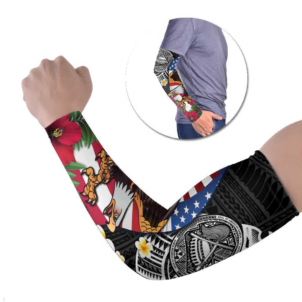 United States and American Samoa Arm Sleeves USA Flag Eagle With Seal Tropical Flowers LT14 Set of 2 Black - Polynesian Pride
