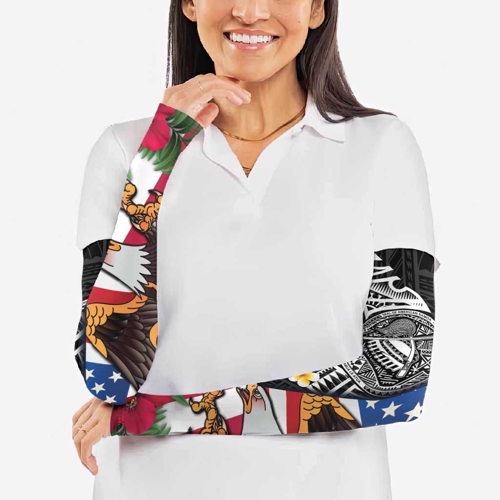 United States and American Samoa Arm Sleeves USA Flag Eagle With Seal Tropical Flowers LT14 - Polynesian Pride