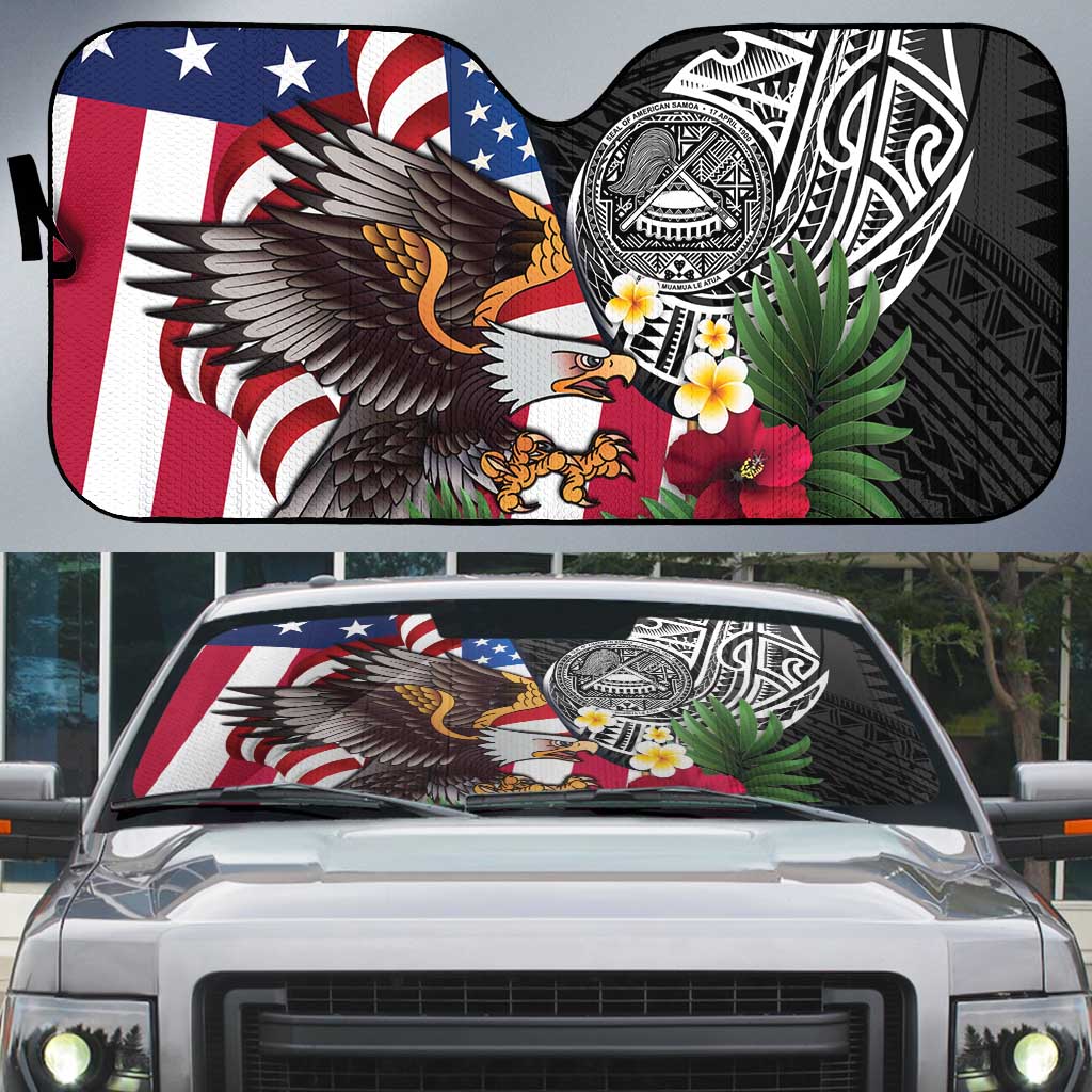 United States and American Samoa Auto Sun Shade USA Flag Eagle With Seal Tropical Flowers LT14 Black - Polynesian Pride