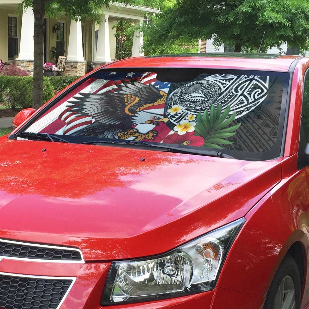 United States and American Samoa Auto Sun Shade USA Flag Eagle With Seal Tropical Flowers LT14 - Polynesian Pride