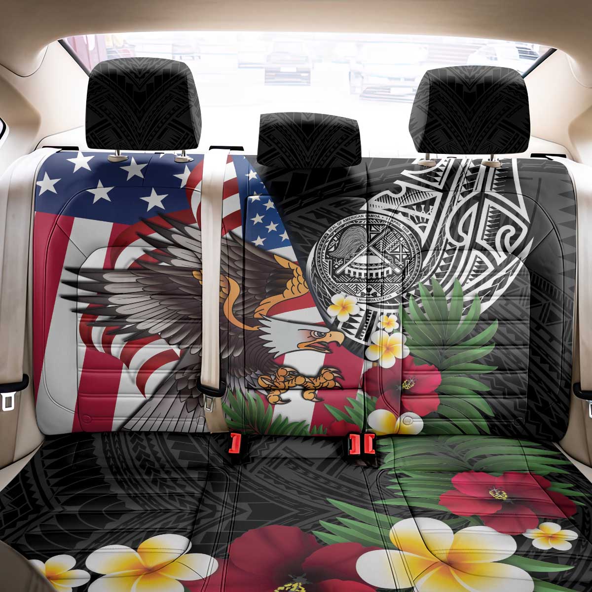 United States and American Samoa Back Car Seat Cover USA Flag Eagle With Seal Tropical Flowers LT14 - Polynesian Pride