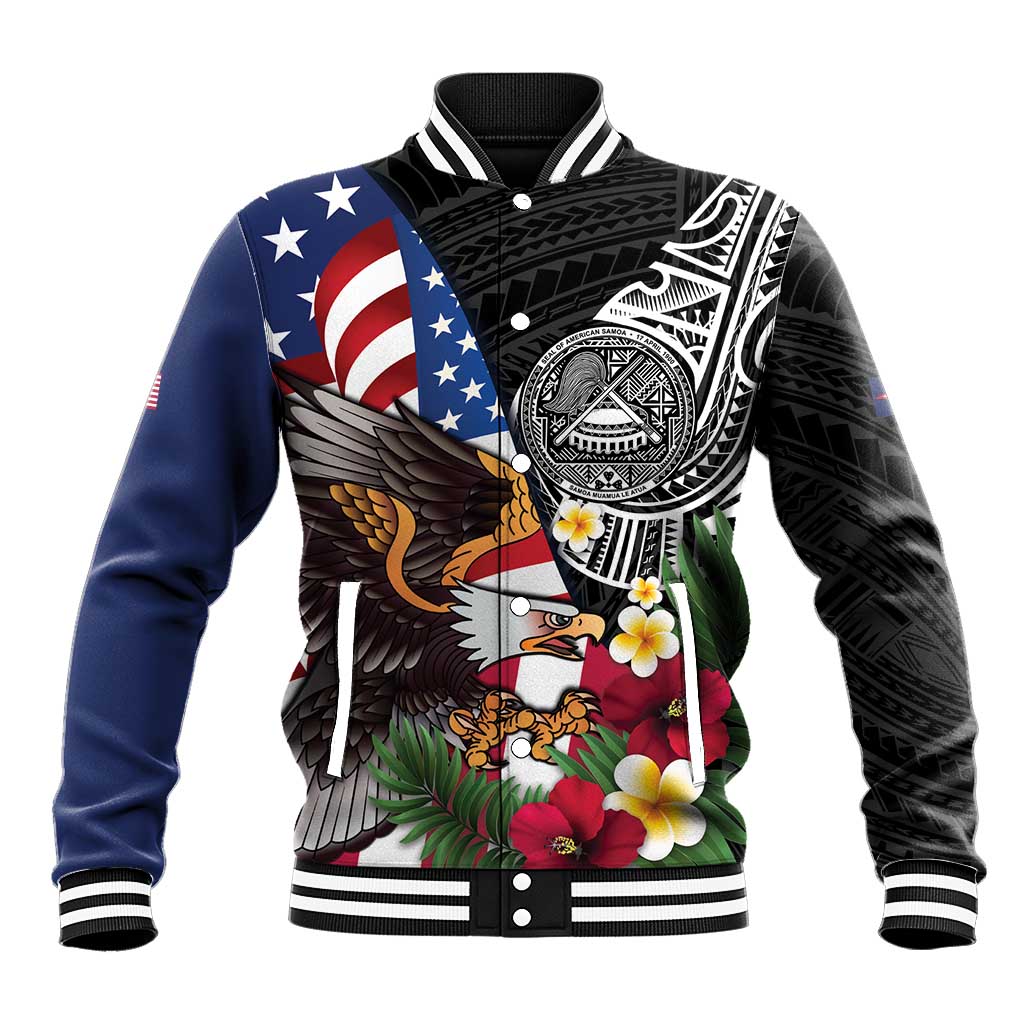 United States and American Samoa Baseball Jacket USA Flag Eagle With Seal Tropical Flowers LT14 Unisex Black - Polynesian Pride