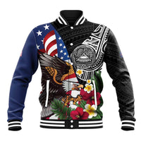 United States and American Samoa Baseball Jacket USA Flag Eagle With Seal Tropical Flowers LT14 Unisex Black - Polynesian Pride