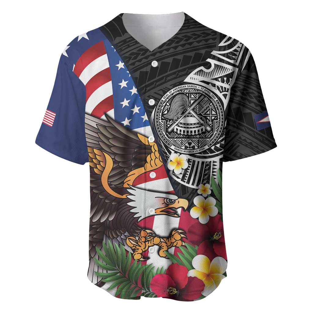 United States and American Samoa Baseball Jersey USA Flag Eagle With Seal Tropical Flowers LT14 Black - Polynesian Pride