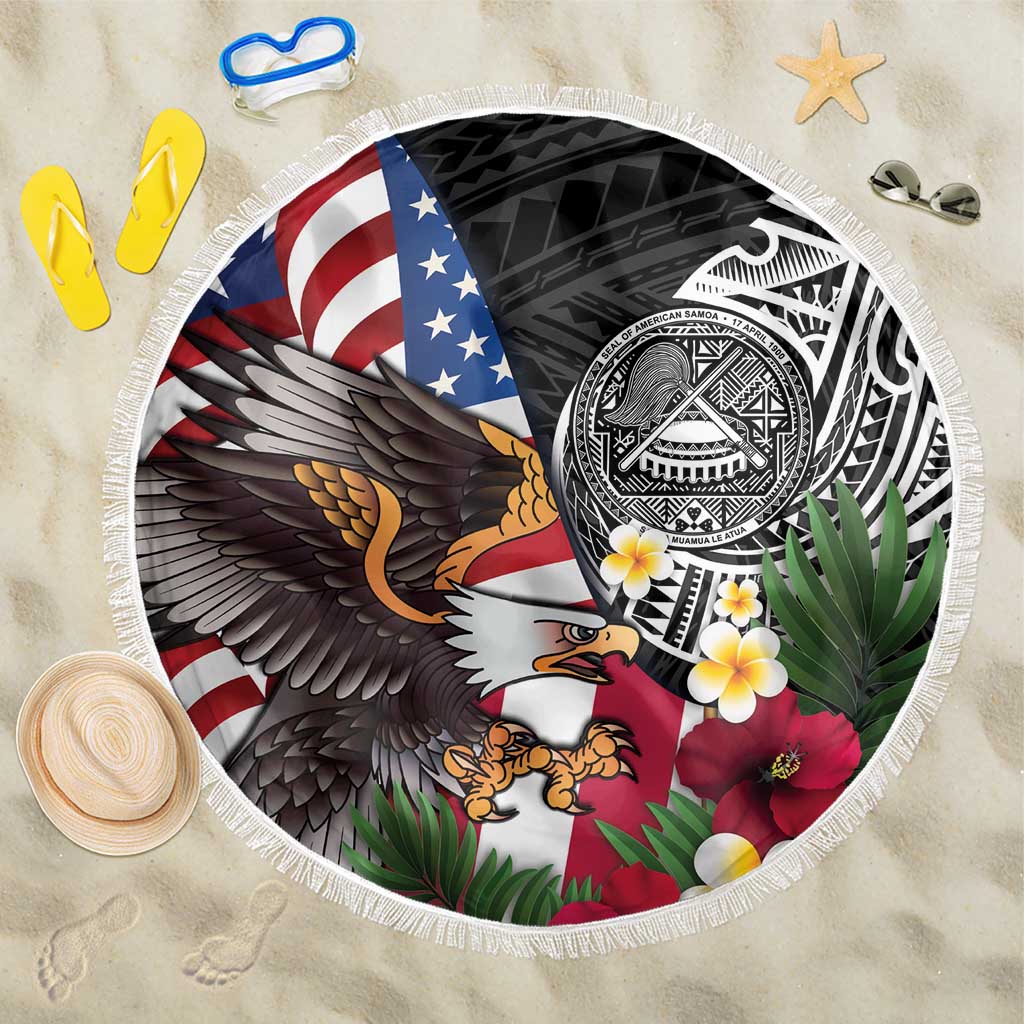 United States and American Samoa Beach Blanket USA Flag Eagle With Seal Tropical Flowers LT14 One Size 150cm Black - Polynesian Pride