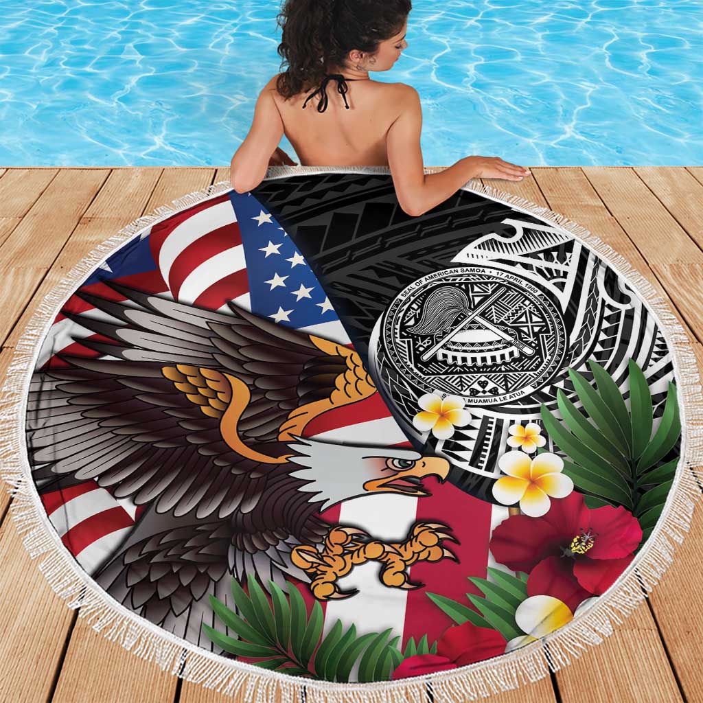 United States and American Samoa Beach Blanket USA Flag Eagle With Seal Tropical Flowers LT14 - Polynesian Pride