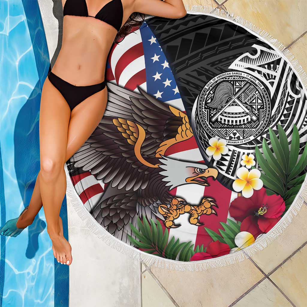 United States and American Samoa Beach Blanket USA Flag Eagle With Seal Tropical Flowers LT14 - Polynesian Pride