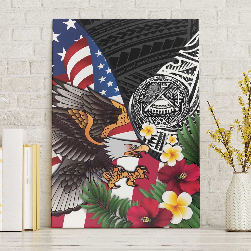 United States and American Samoa Canvas Wall Art USA Flag Eagle With Seal Tropical Flowers LT14 Without Frame Black - Polynesian Pride