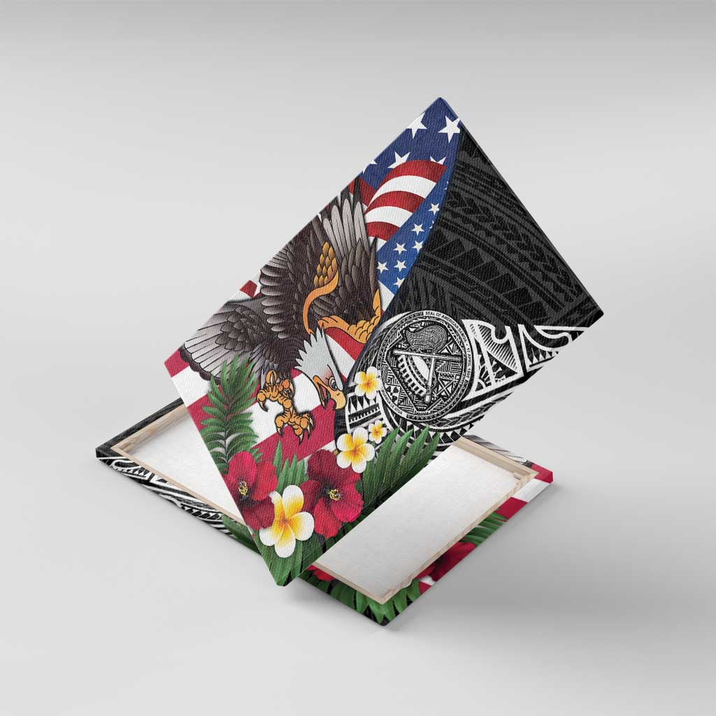 United States and American Samoa Canvas Wall Art USA Flag Eagle With Seal Tropical Flowers LT14 With Frame Black - Polynesian Pride