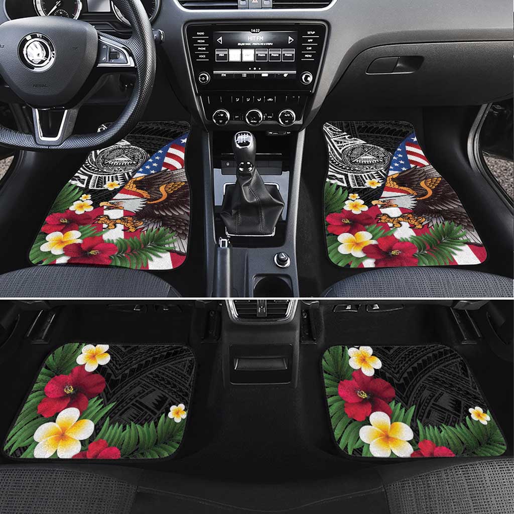 United States and American Samoa Car Mats USA Flag Eagle With Seal Tropical Flowers LT14 Set 4pcs Black - Polynesian Pride