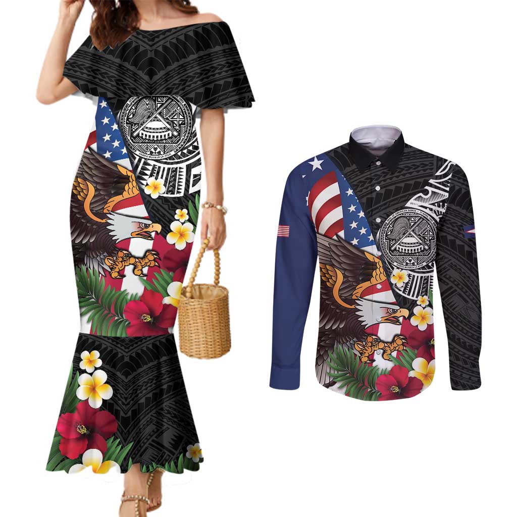 United States and American Samoa Couples Matching Mermaid Dress and Long Sleeve Button Shirt USA Flag Eagle With Seal Tropical Flowers LT14 Black - Polynesian Pride