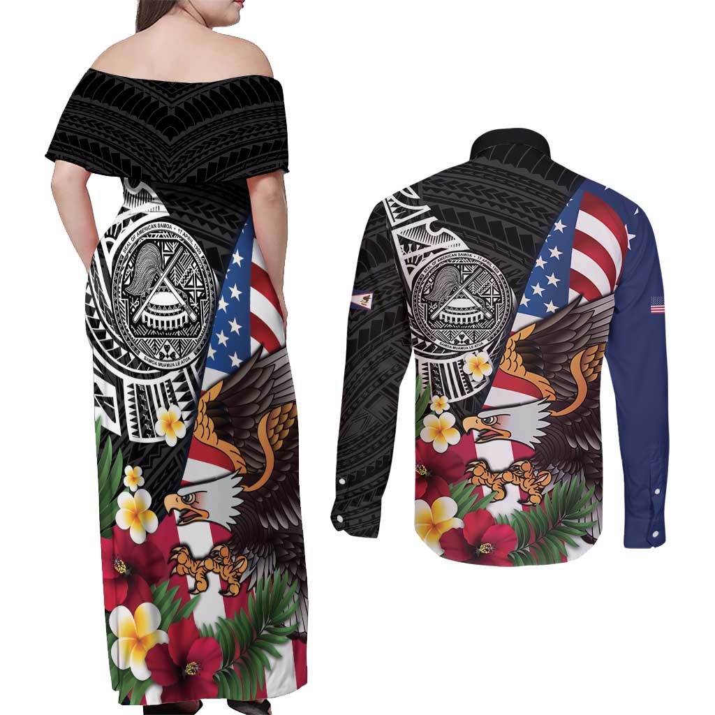 United States and American Samoa Couples Matching Off Shoulder Maxi Dress and Long Sleeve Button Shirt USA Flag Eagle With Seal Tropical Flowers