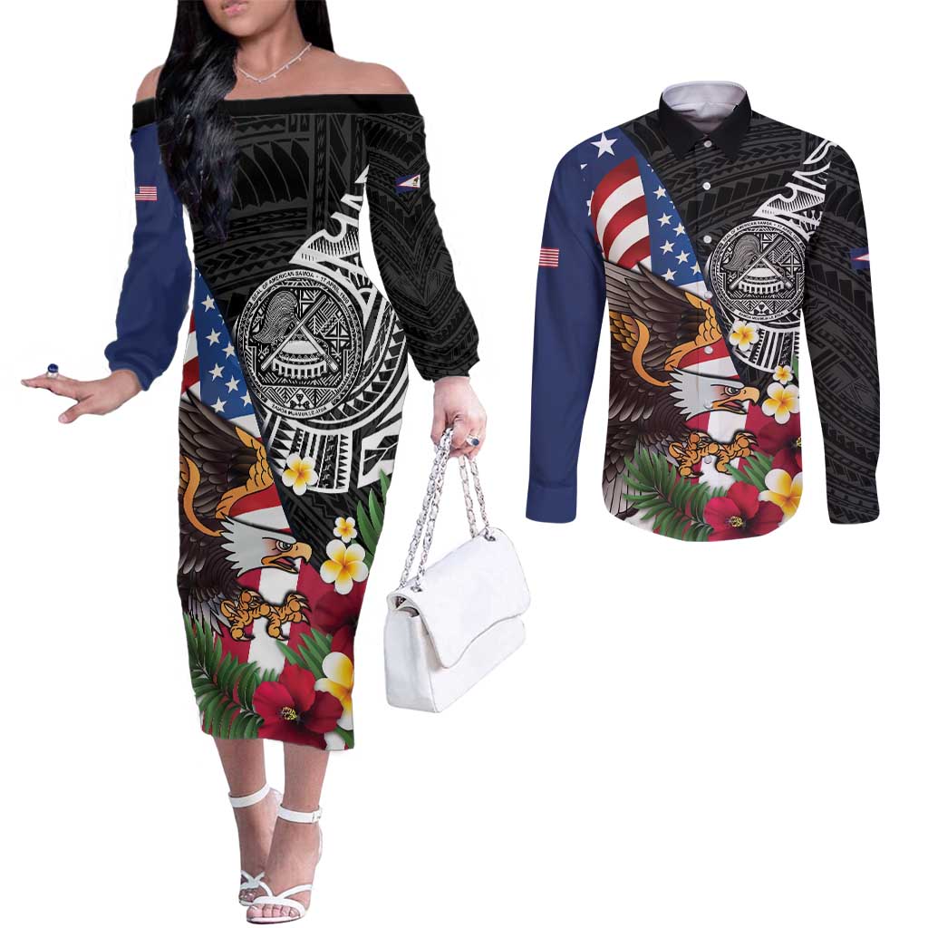 United States and American Samoa Couples Matching Off The Shoulder Long Sleeve Dress and Long Sleeve Button Shirt USA Flag Eagle With Seal Tropical Flowers