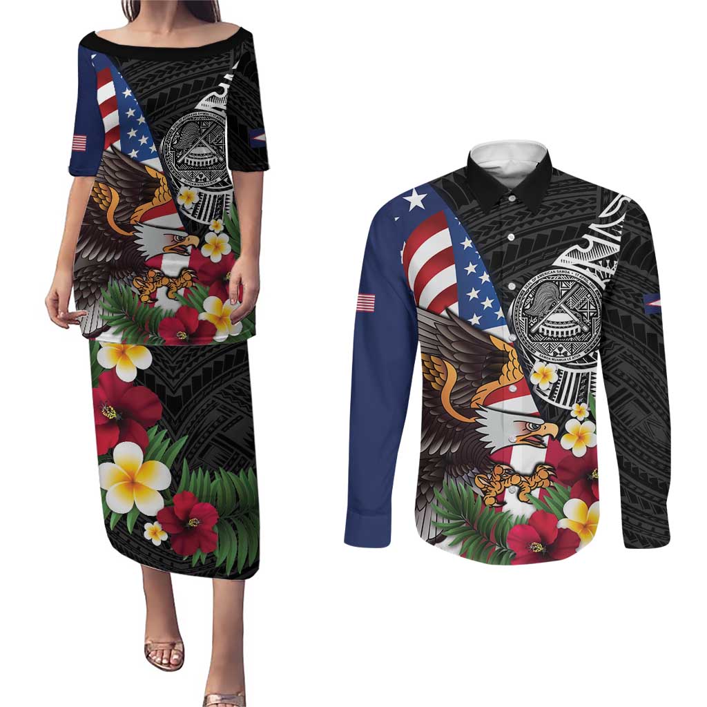 United States and American Samoa Couples Matching Puletasi and Long Sleeve Button Shirt USA Flag Eagle With Seal Tropical Flowers
