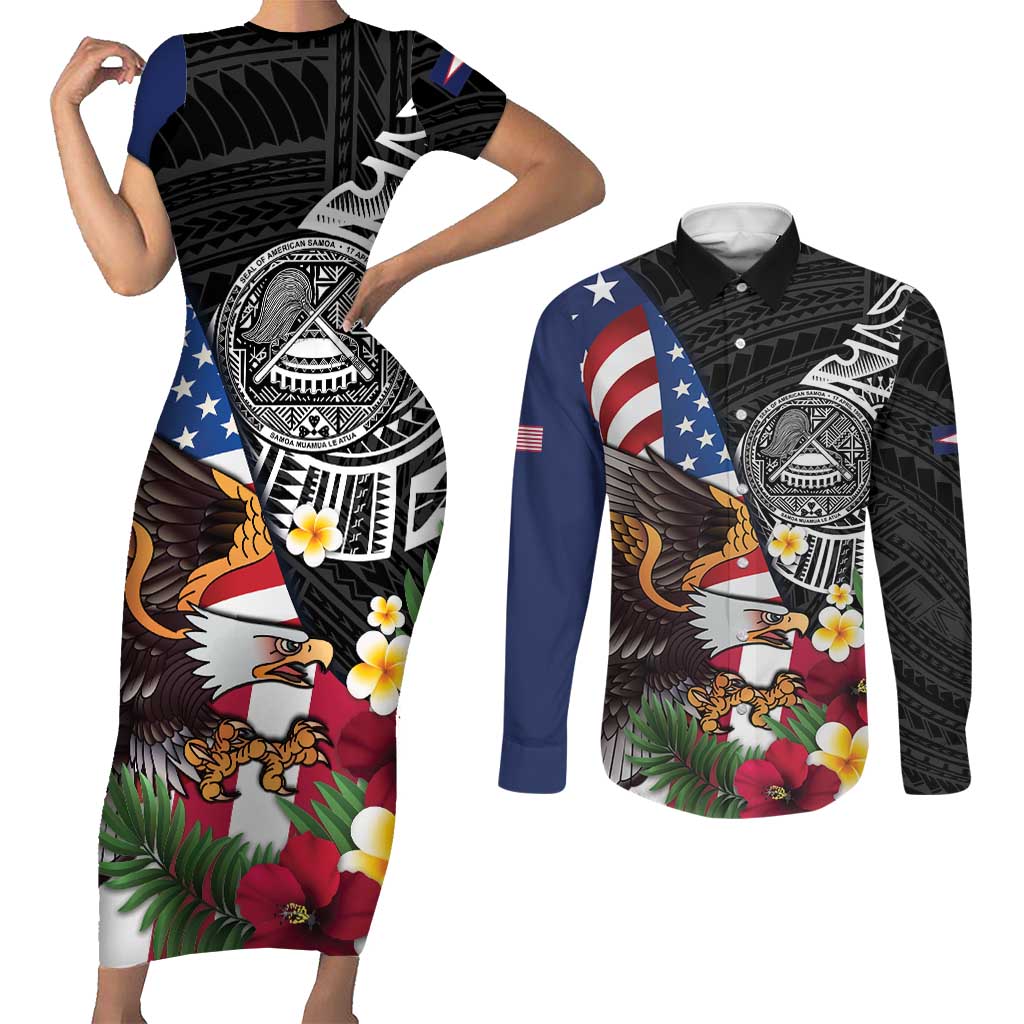 United States and American Samoa Couples Matching Short Sleeve Bodycon Dress and Long Sleeve Button Shirt USA Flag Eagle With Seal Tropical Flowers LT14 Black - Polynesian Pride