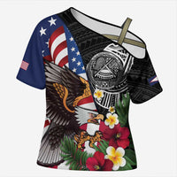 United States and American Samoa Cross Shoulder Shirt USA Flag Eagle With Seal Tropical Flowers LT14 Female Black - Polynesian Pride