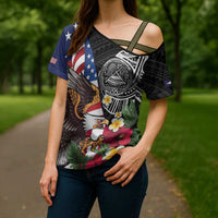 United States and American Samoa Cross Shoulder Shirt USA Flag Eagle With Seal Tropical Flowers LT14 - Polynesian Pride