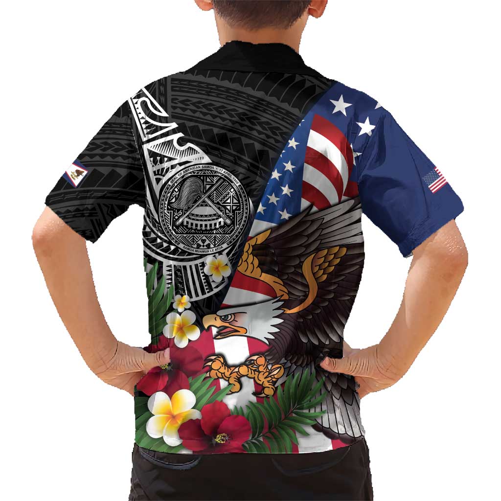 United States and American Samoa Family Matching Mermaid Dress and Hawaiian Shirt USA Flag Eagle With Seal Tropical Flowers