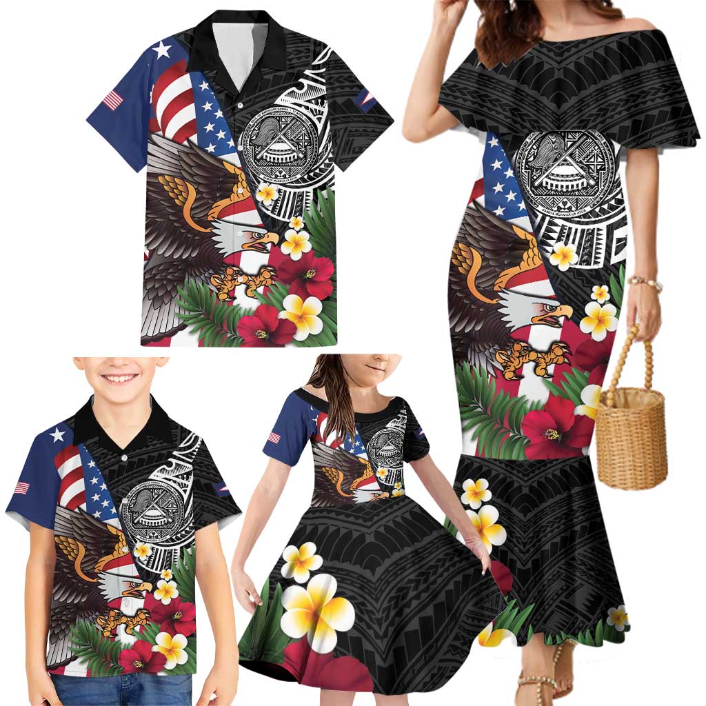 United States and American Samoa Family Matching Mermaid Dress and Hawaiian Shirt USA Flag Eagle With Seal Tropical Flowers