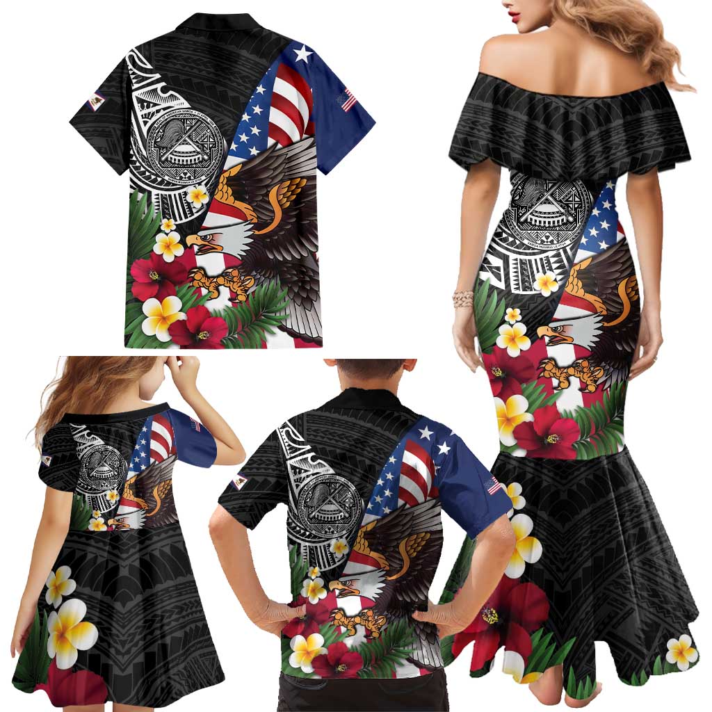 United States and American Samoa Family Matching Mermaid Dress and Hawaiian Shirt USA Flag Eagle With Seal Tropical Flowers