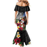 United States and American Samoa Family Matching Mermaid Dress and Hawaiian Shirt USA Flag Eagle With Seal Tropical Flowers