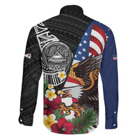 United States and American Samoa Family Matching Off Shoulder Maxi Dress and Hawaiian Shirt USA Flag Eagle With Seal Tropical Flowers