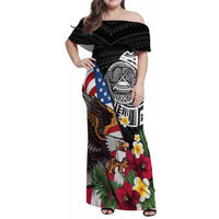 United States and American Samoa Family Matching Off Shoulder Maxi Dress and Hawaiian Shirt USA Flag Eagle With Seal Tropical Flowers
