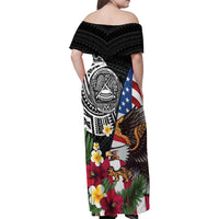 United States and American Samoa Family Matching Off Shoulder Maxi Dress and Hawaiian Shirt USA Flag Eagle With Seal Tropical Flowers
