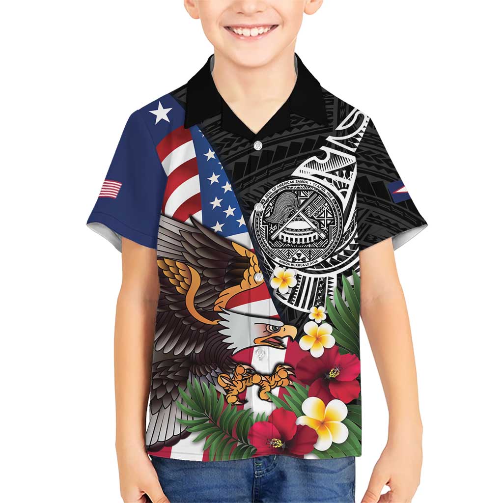 United States and American Samoa Family Matching Off Shoulder Maxi Dress and Hawaiian Shirt USA Flag Eagle With Seal Tropical Flowers