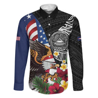 United States and American Samoa Family Matching Off Shoulder Short Dress and Hawaiian Shirt USA Flag Eagle With Seal Tropical Flowers