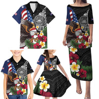 United States and American Samoa Family Matching Puletasi and Hawaiian Shirt USA Flag Eagle With Seal Tropical Flowers