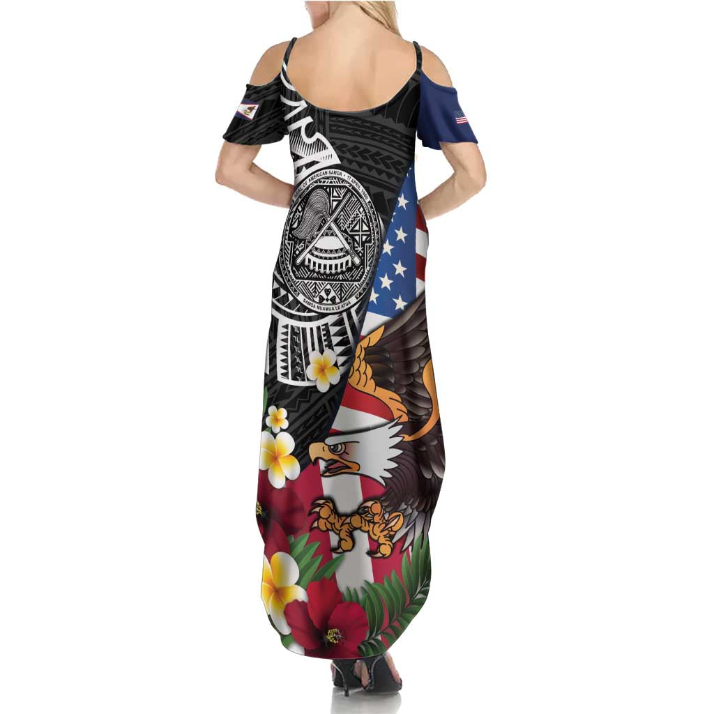 United States and American Samoa Family Matching Summer Maxi Dress and Hawaiian Shirt USA Flag Eagle With Seal Tropical Flowers