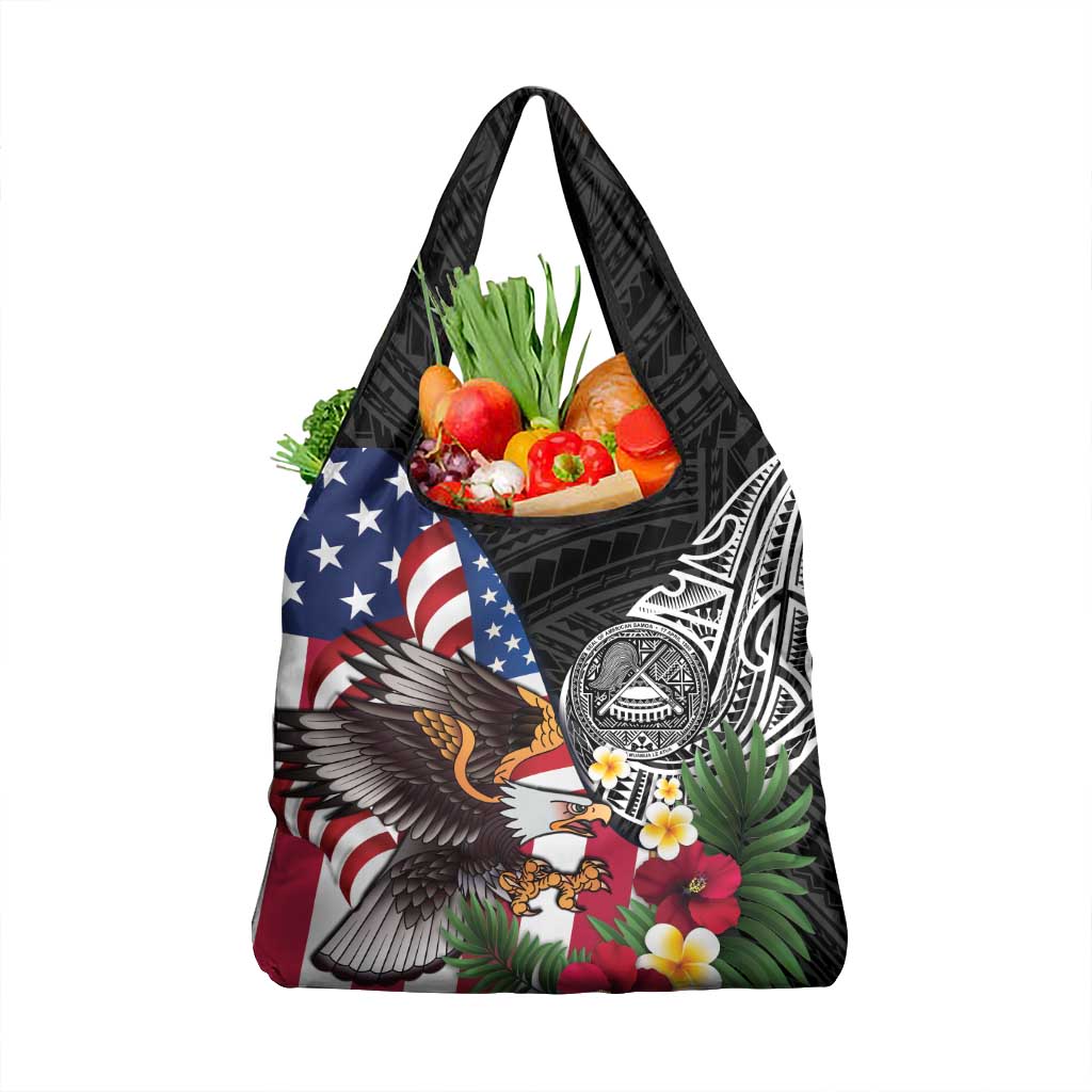 United States and American Samoa Grocery Bag USA Flag Eagle With Seal Tropical Flowers LT14 1-pack One Size Black - Polynesian Pride