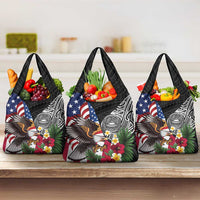 United States and American Samoa Grocery Bag USA Flag Eagle With Seal Tropical Flowers LT14 3-pack One Size Black - Polynesian Pride