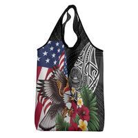 United States and American Samoa Grocery Bag USA Flag Eagle With Seal Tropical Flowers LT14 - Polynesian Pride