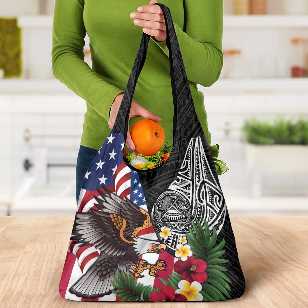 United States and American Samoa Grocery Bag USA Flag Eagle With Seal Tropical Flowers LT14 - Polynesian Pride