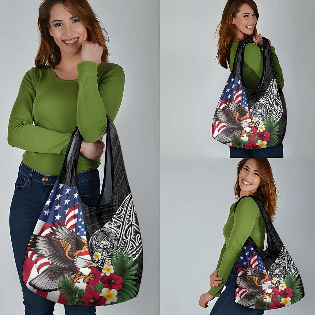 United States and American Samoa Grocery Bag USA Flag Eagle With Seal Tropical Flowers LT14 - Polynesian Pride