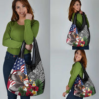 United States and American Samoa Grocery Bag USA Flag Eagle With Seal Tropical Flowers LT14 - Polynesian Pride