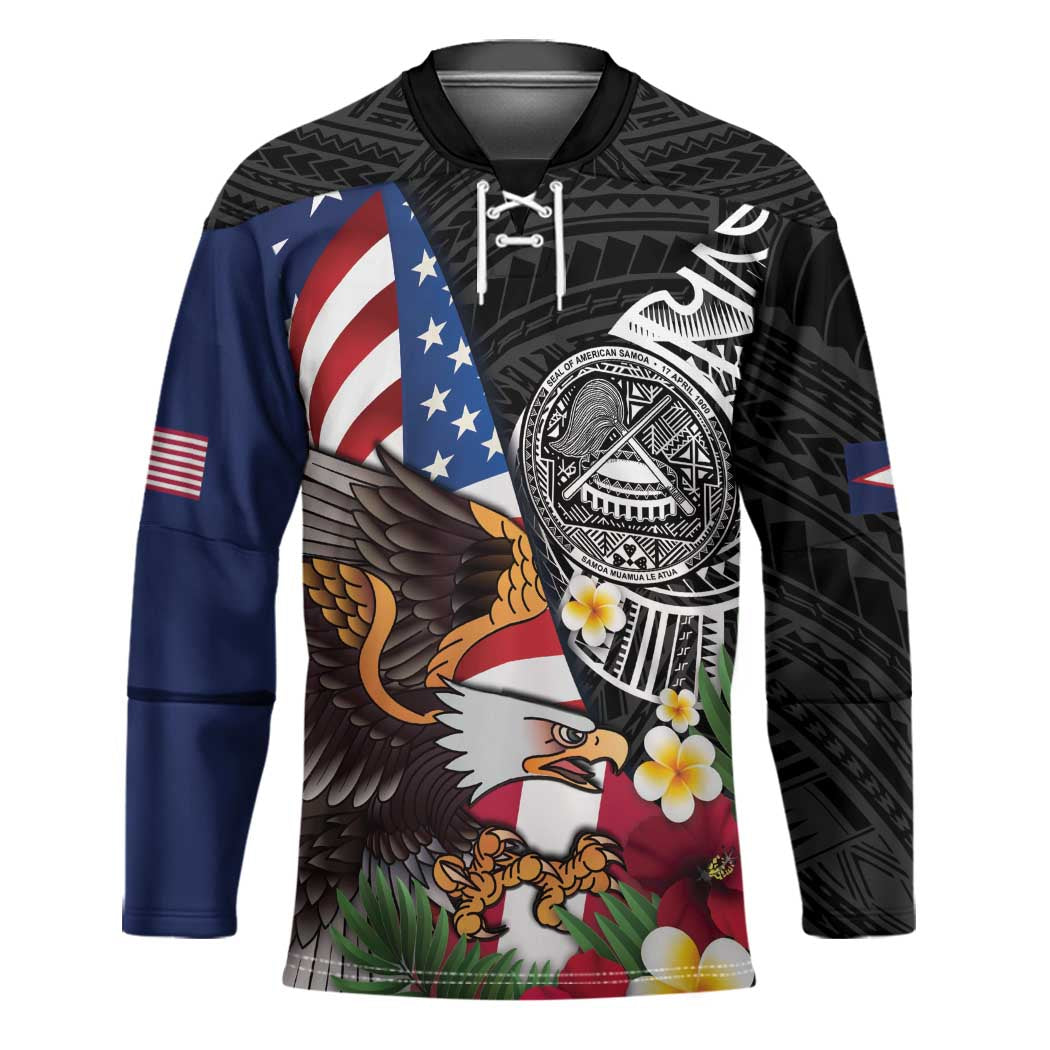 United States and American Samoa Hockey Jersey USA Flag Eagle With Seal Tropical Flowers