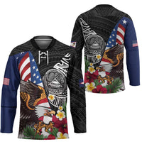 United States and American Samoa Hockey Jersey USA Flag Eagle With Seal Tropical Flowers