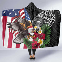 United States and American Samoa Hooded Blanket USA Flag Eagle With Seal Tropical Flowers LT14 One Size Black - Polynesian Pride