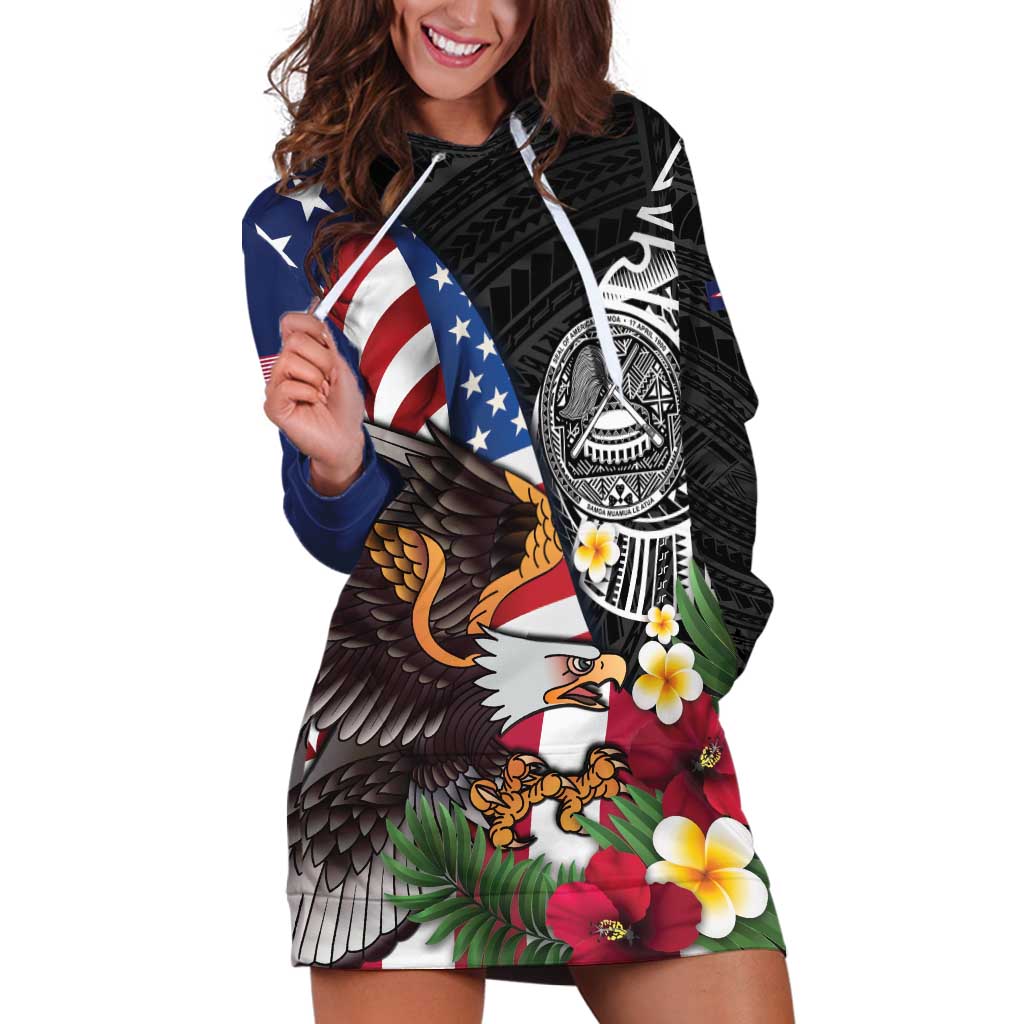 United States and American Samoa Hoodie Dress USA Flag Eagle With Seal Tropical Flowers LT14 Black - Polynesian Pride