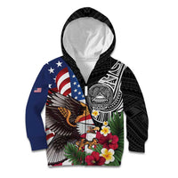 United States and American Samoa Kid Hoodie USA Flag Eagle With Seal Tropical Flowers LT14 Zip Hoodie Black - Polynesian Pride