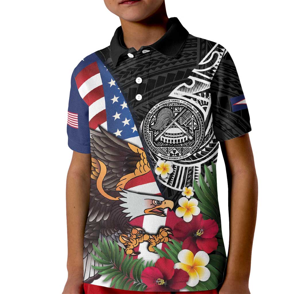United States and American Samoa Kid Polo Shirt USA Flag Eagle With Seal Tropical Flowers LT14 Kid Black - Polynesian Pride