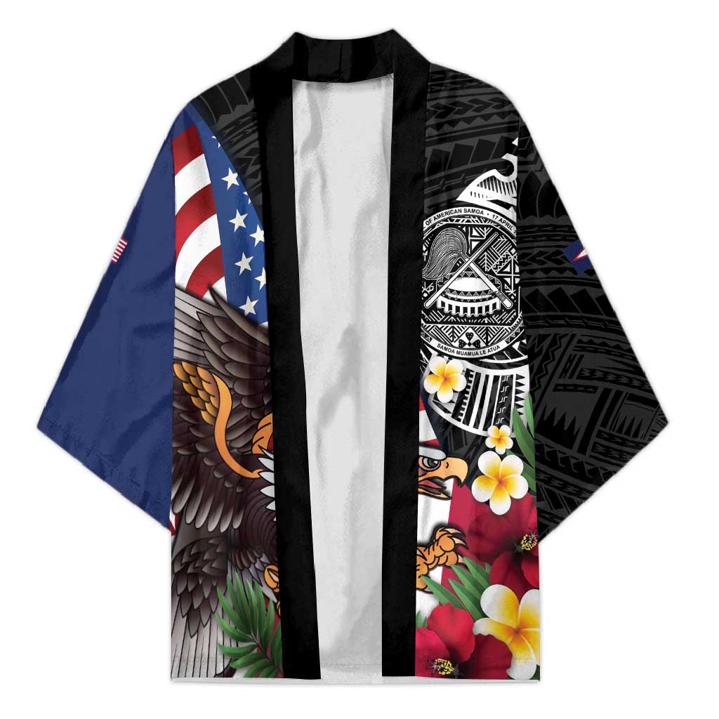 United States and American Samoa Kimono USA Flag Eagle With Seal Tropical Flowers LT14 Unisex Black - Polynesian Pride