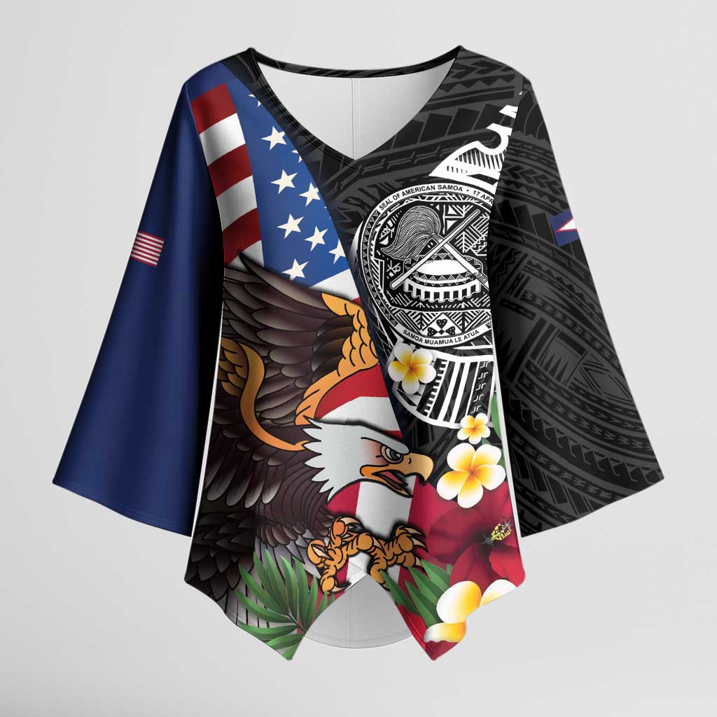 United States and American Samoa Kimono Sleeve Blouse USA Flag Eagle With Seal Tropical Flowers LT14 Female Black - Polynesian Pride